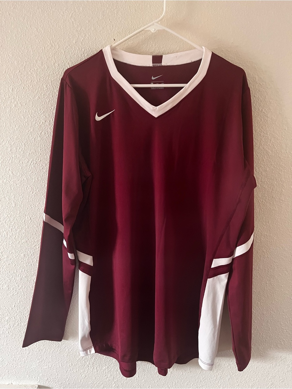 Nike Men’s Maroon and White Long-Sleeve V-Neck Soccer Jersey